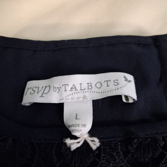 Talbots RSVP Size Large Lace Eyelet Bell Sleeve Navy Blue Popover Top Whimsical - Picture 7 of 13